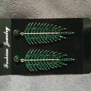 Green and Gold Dangling Rhinestone Statement Earrings